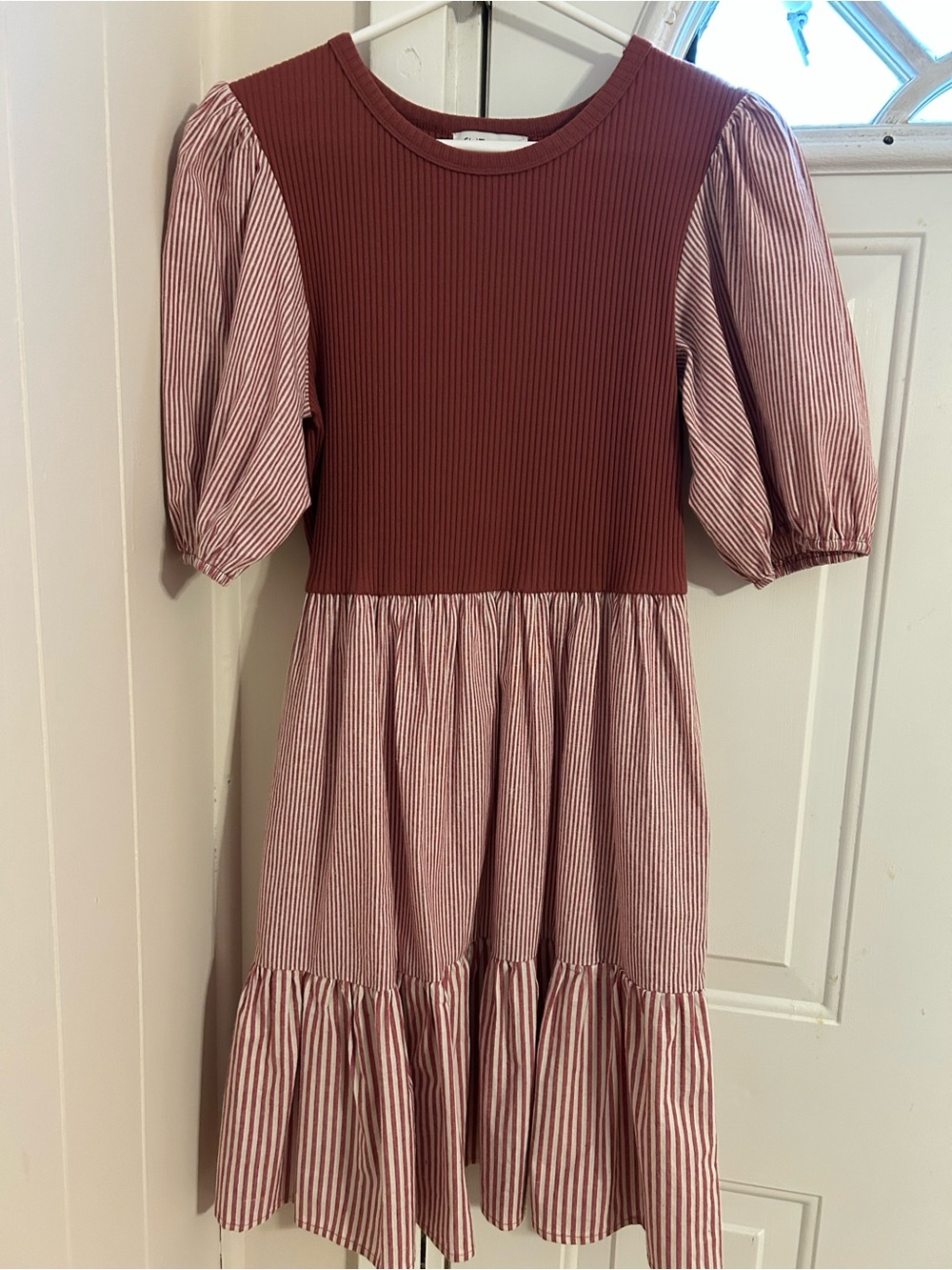 She + Sky Ribbed Maroon Bodice with Striped Puff-Sleeve Dress